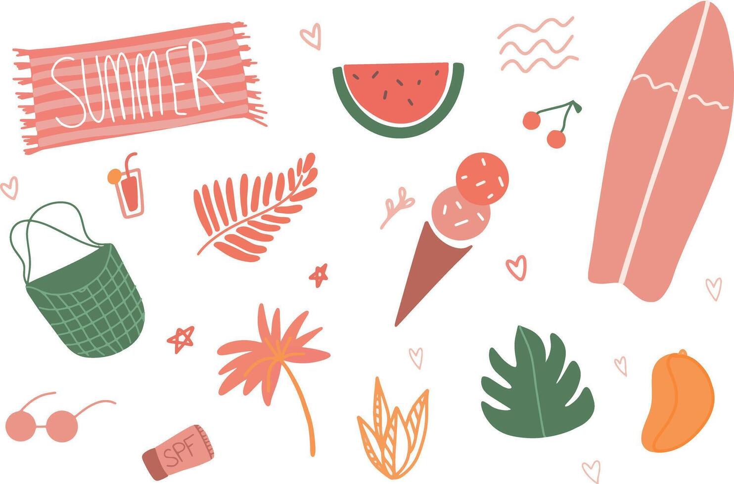 Set cute summer holiday beach elements. Hello summer Cartoon illustration vector