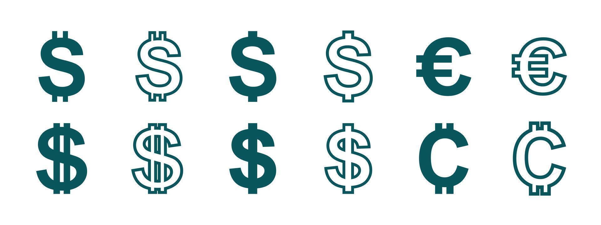 Dollar, euro, and cent icon set vector