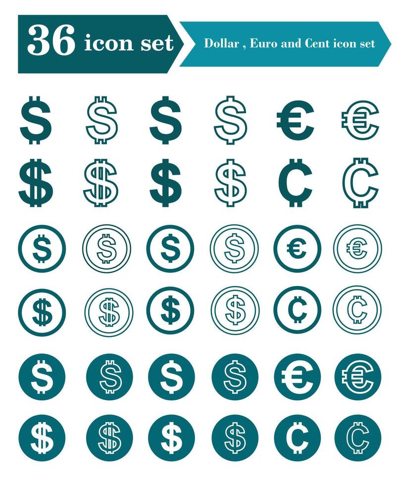 Dollar, euro, and cent icon set vector