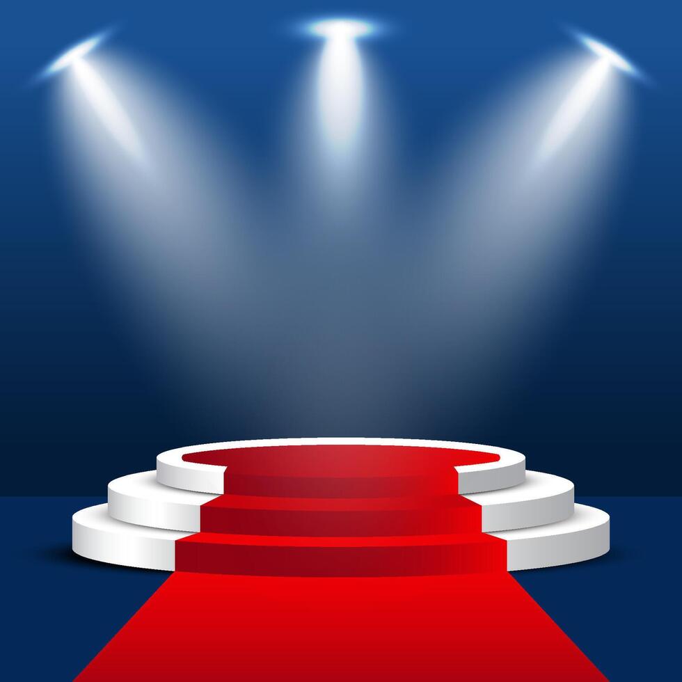 podium set with red carpet. Spotlight lights and a dark blue background vector
