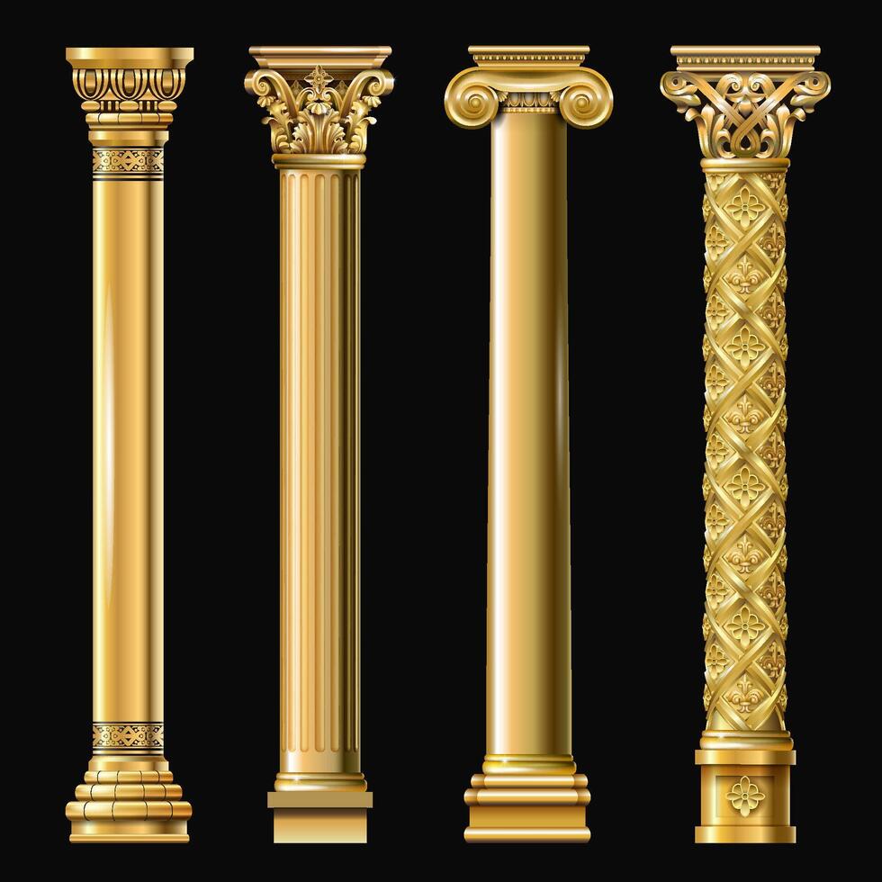 Set of classic gold columns in different styles. graphics vector