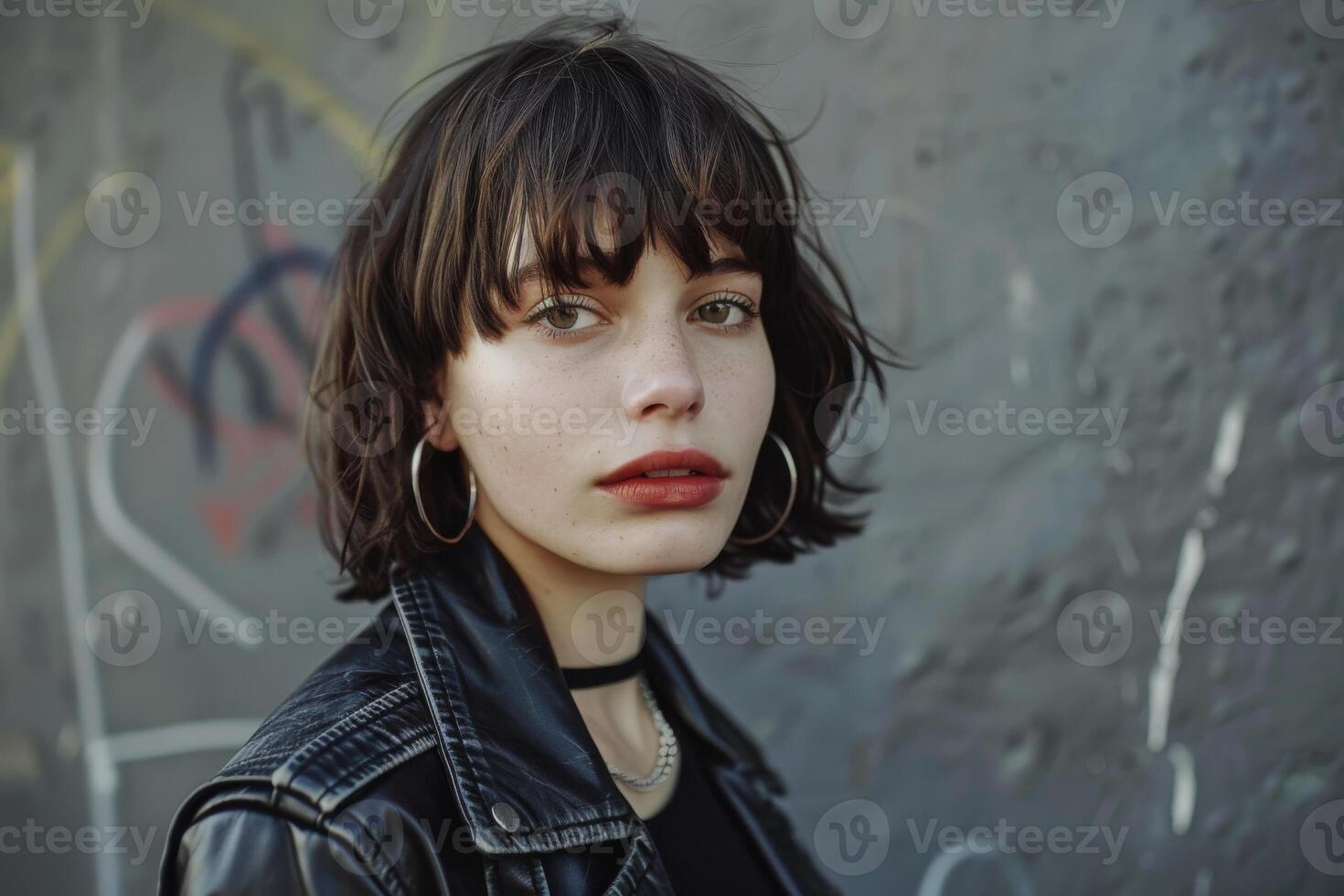 Photo shoot of a girl with dark hair, a bob haircut, red lips and a black biker jacket. Street with daylight