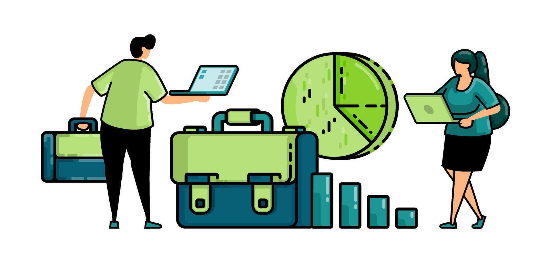 illustration of hiring with the prospective employees analyze charts at meetings and briefcase vector