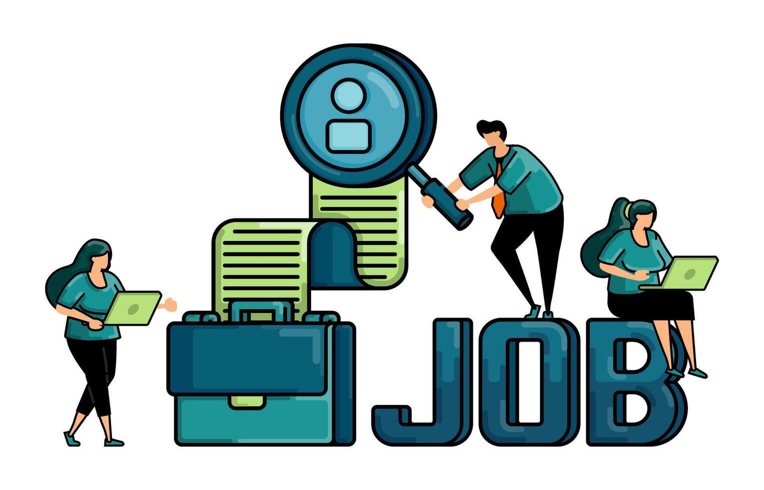 illustration of hiring with the words JOB in 3d and briefcase that take out a list into glass for the metaphor of qualifications of people being sought and apply to job vacancies vector