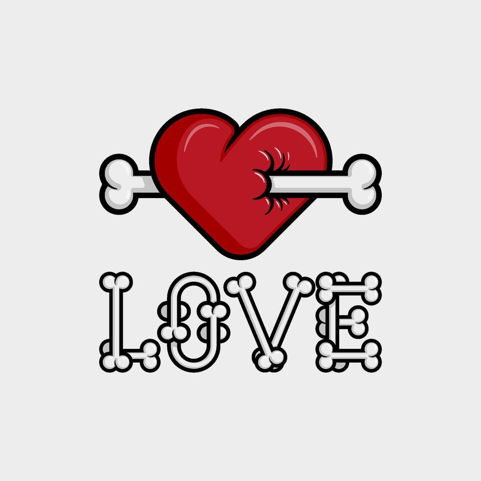 artwork illustration of heart pierced with bone and the word LOVE below are made of bone too. in outline and gothic horror cartoon style for apparel or clothing vector