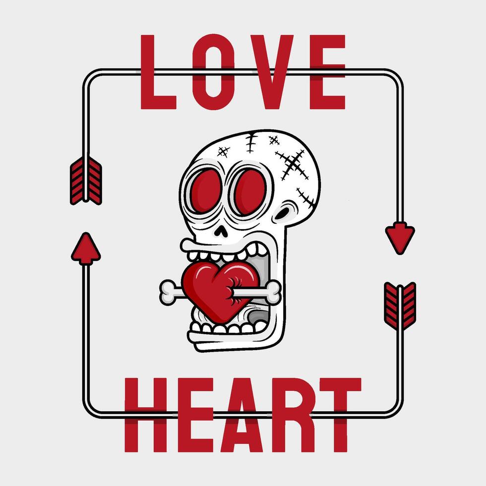 artwork illustration of skull biting a heart pierced by a bone and framed with arrows that form a box and the words HEART and LOVE. in outline and gothic horror cartoon style for apparel or clothing vector