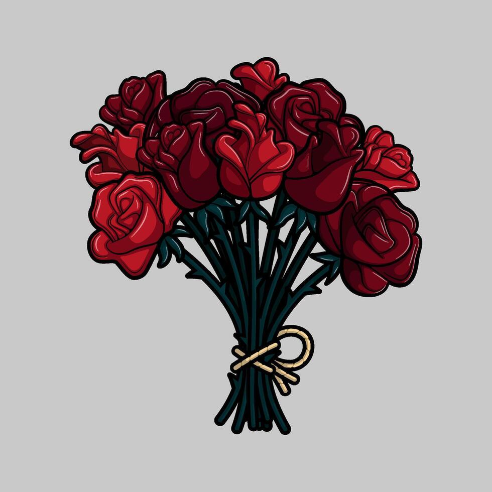 artwork illustration of bouquet of roses with outline in dark and halloween cartoon style for apparel or clothing vector