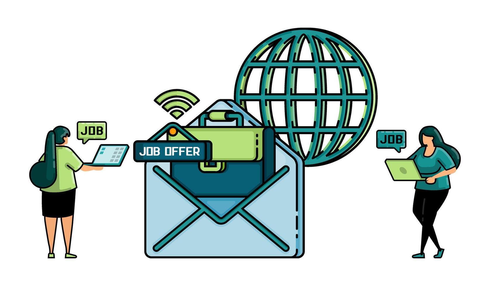 illustration of hiring with briefcase notification out of email for online jobs offer metaphor. two woman search for job vacancies from the internet. vector