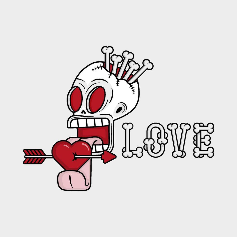artwork illustration of hollow skull filled with bones that sticks out its tongue while licking the heart that was pierced by an arrow. in outline and gothic horror cartoon style for apparel vector