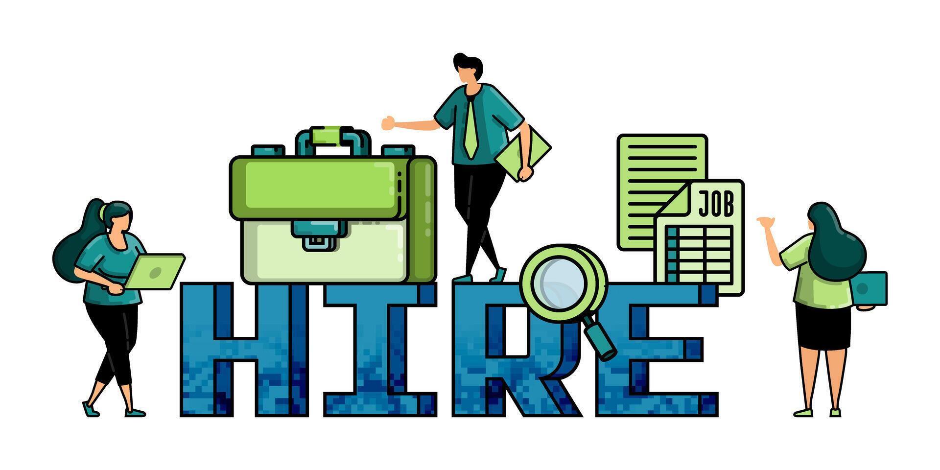 illustration of hiring with 3d words of HIRE and briefcase for the metaphor of the struggle of applicants and job seekers in looking for vacancies vector