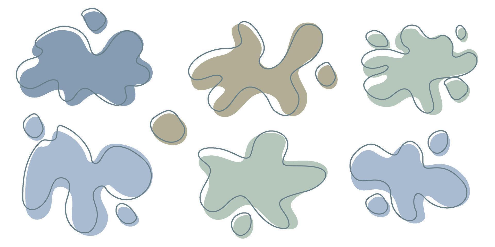 Set of organic irregular blob shapes with stroke line. Blue gray random deform spot fluid circle Isolated on white background Organic amoeba Doodle elements. Abstract rounded forms illustration vector