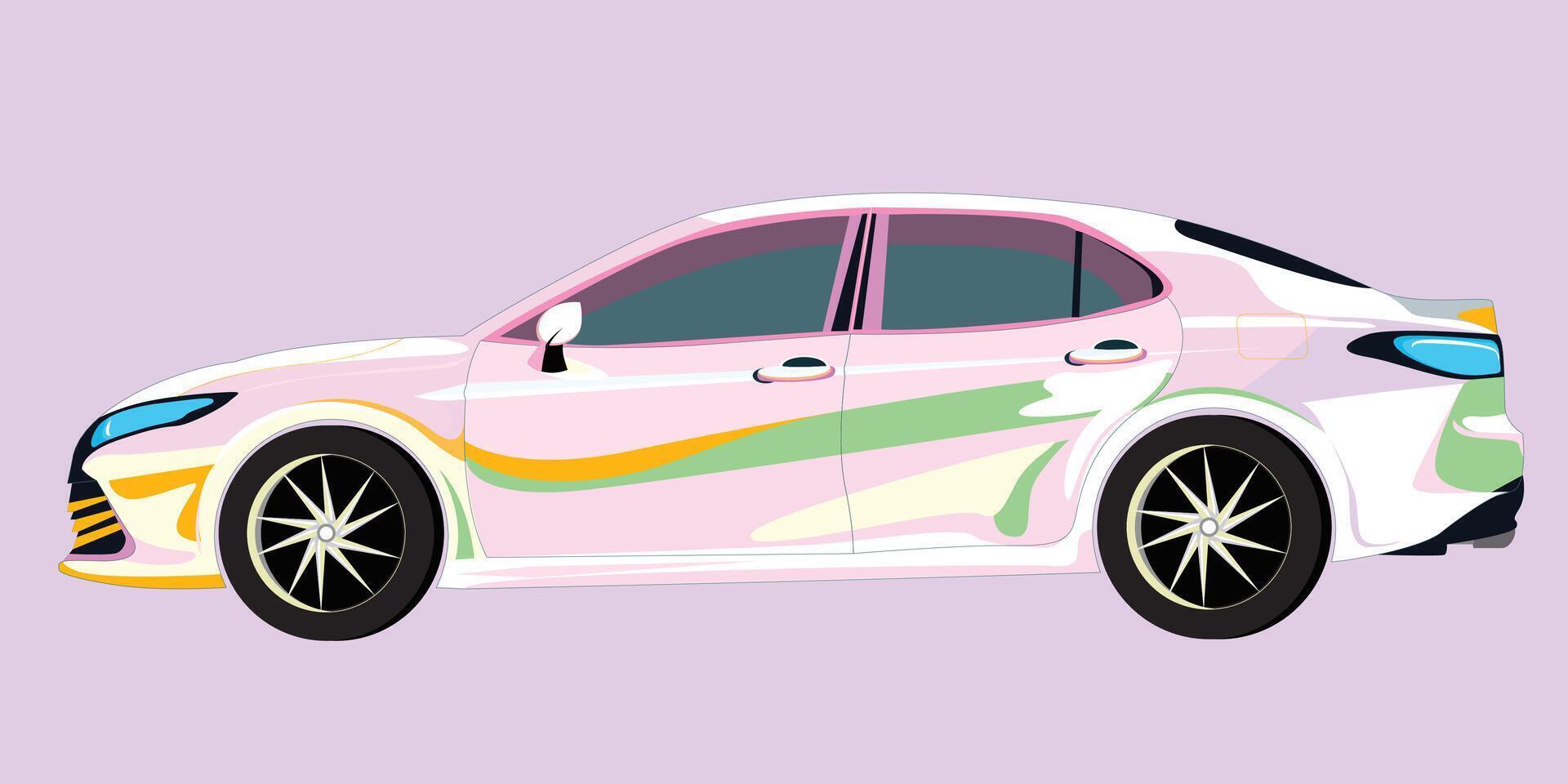 Realistic sedan car. side view. pink car and blue lights. colorful sedan vector