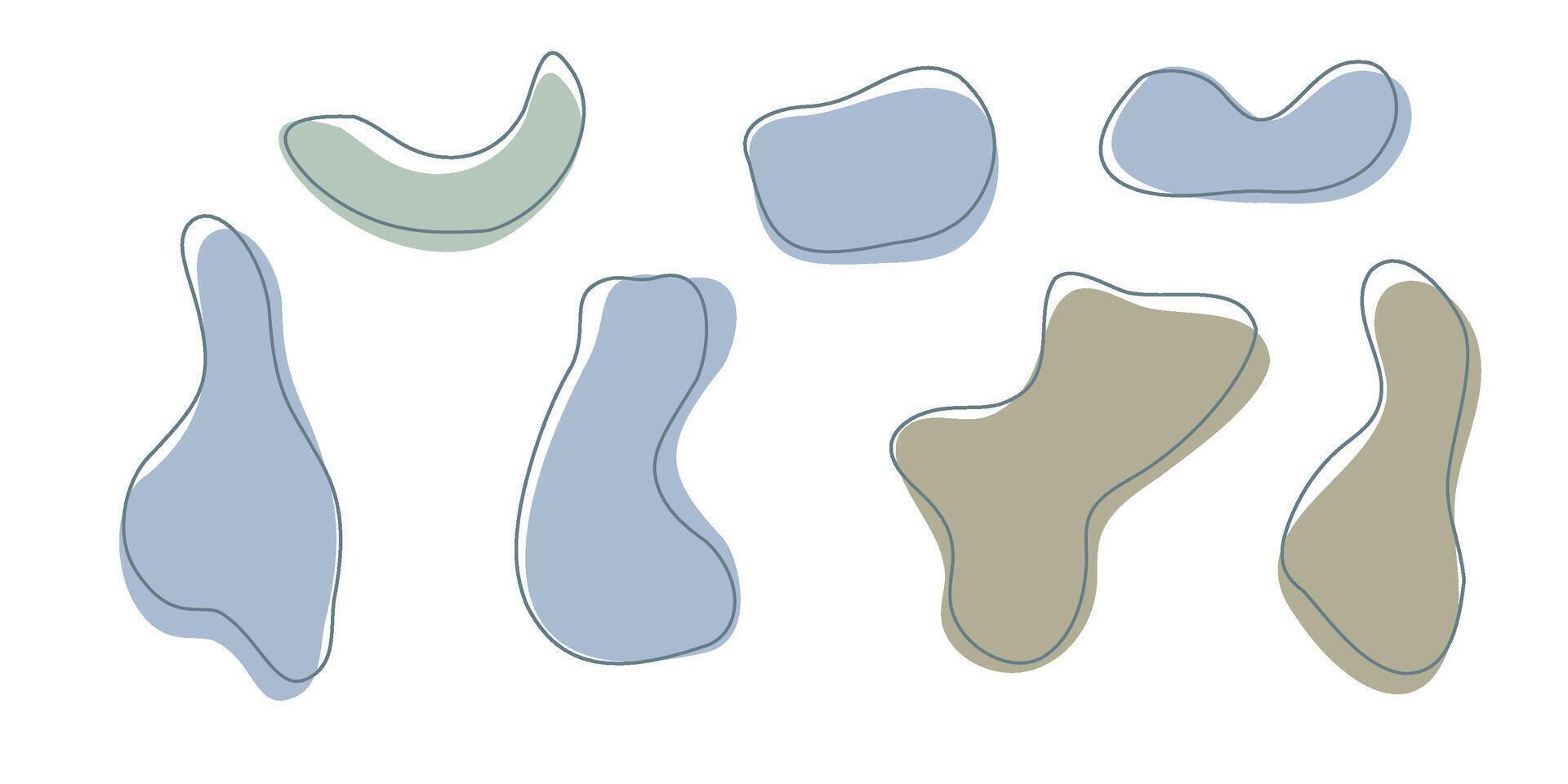 Set of organic irregular blob shapes with stroke line. Blue gray random deform spot fluid circle Isolated on white background Organic amoeba Doodle elements. Abstract rounded forms illustration vector