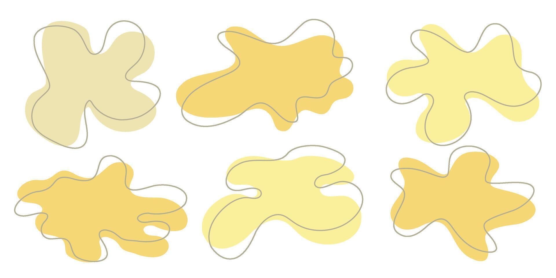Set of organic irregular blob shapes with stroke line. Yellow random deform spot fluid circle Isolated on white background Organic amoeba Doodle elements. Abstract rounded forms illustration. vector