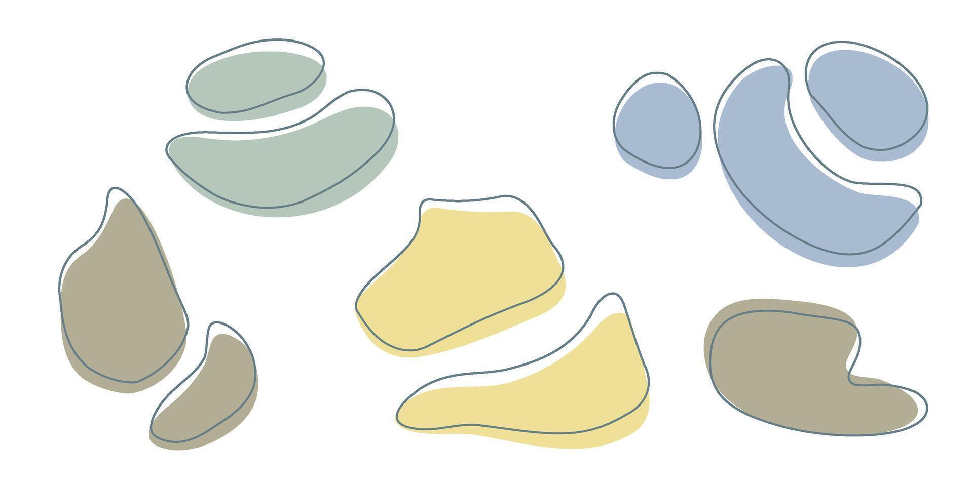 Set of organic irregular blob shapes with stroke line. Yellow random deform spot fluid circle Isolated on white background Organic amoeba Doodle elements. Abstract rounded forms illustration. vector