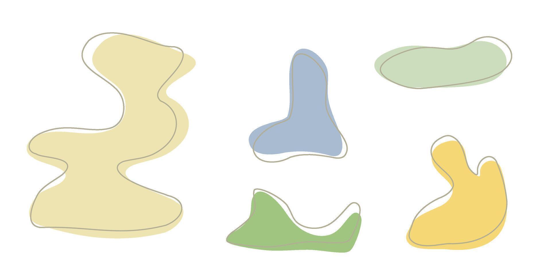 Set of organic irregular blob shapes with stroke line. Yellow random deform spot fluid circle Isolated on white background Organic amoeba Doodle elements. Abstract rounded forms illustration. vector