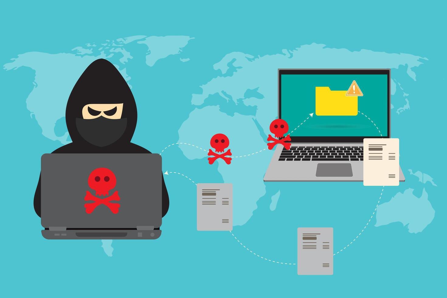 Hacker Using Computer Server to Activity Hacked Database, Network Storage, Social Account, Credit Card or Security. Background Illustration. vector