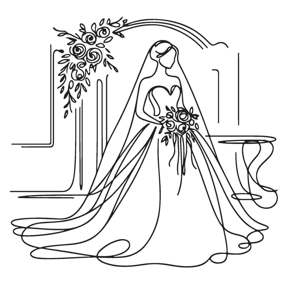 Bride Holding A Bouquet One Line Art vector