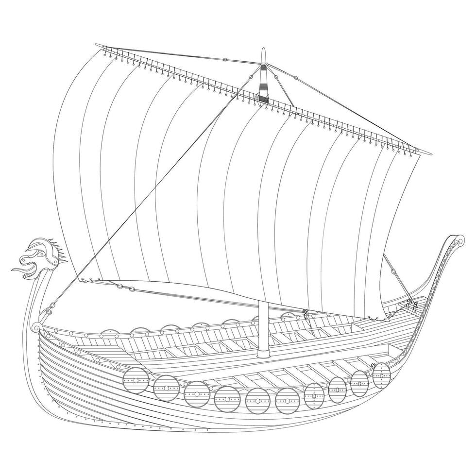 Viking scandinavian draccar in line art. Norman ship sailing. vector