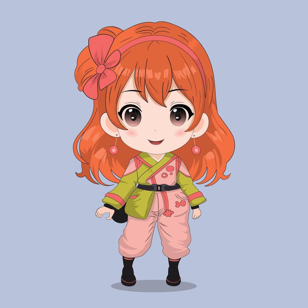 linda contento niña kawaii chibi ilustración vector