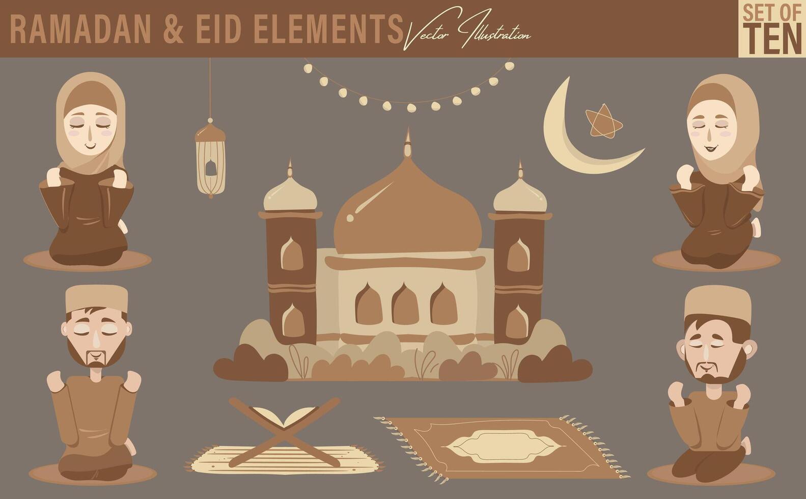 Ramadan and Eid elements illustrations. Set of ten includes four male and female characters praying, mosque, crescent moon, lantern, fairy light, Holy Quran in a stand, and prayer mat vector