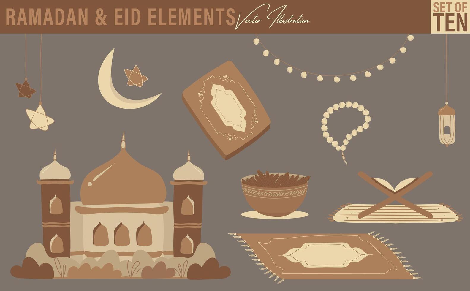 Ramadan and Eid elements illustrations. Set of ten includes mosque, crescent moon, star lights, lantern, fairy light, Holy Quran, Holy Quran in a stand, prayer mat, prayer beads, dates vector