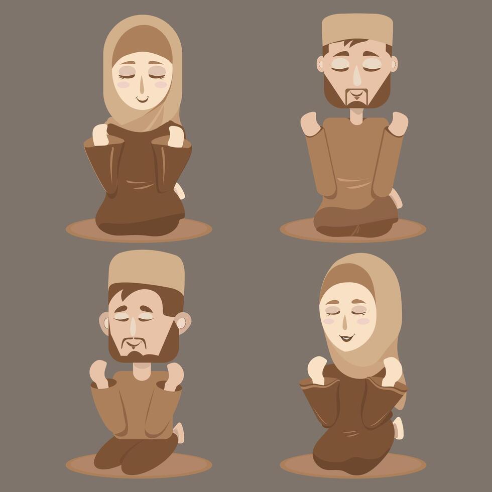 Set of four Male and Female Muslim characters praying. Prayer pose from different angles vector