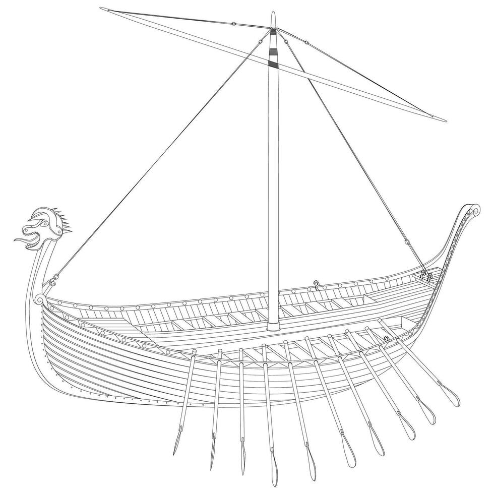 Drakkar. Viking rowing Ship in line art. Norman ship sailing. vector