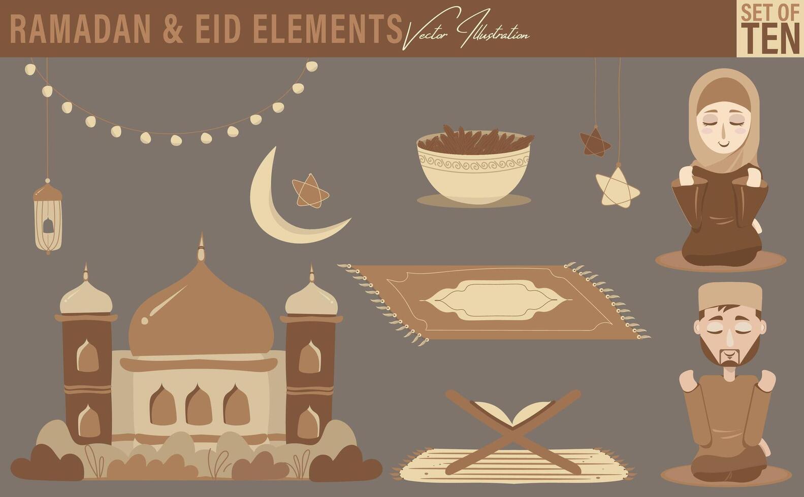 Ramadan and Eid elements illustrations. Set of ten includes male and female characters praying, mosque, crescent moon, star lights, lantern, fairy light, Holy Quran in a stand, prayer mat, and dates vector