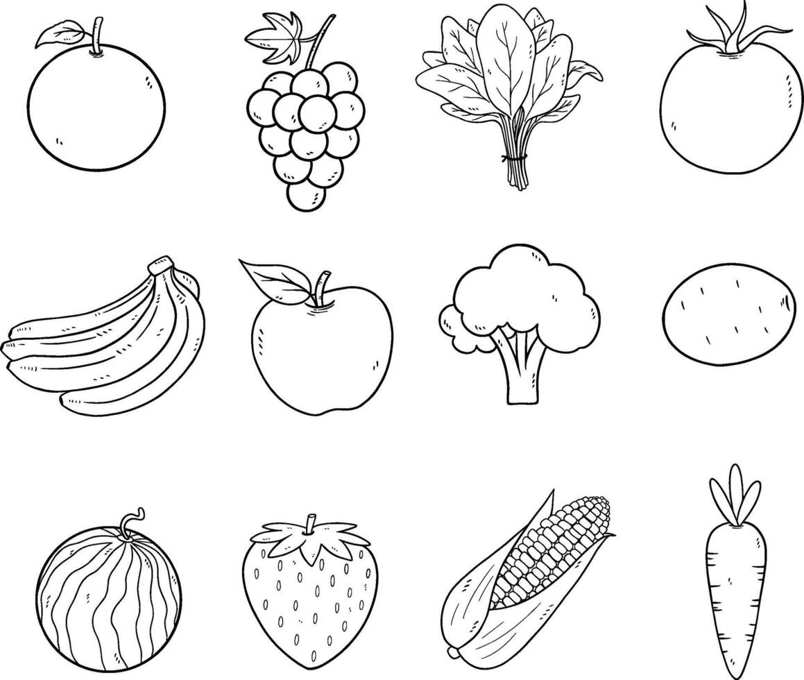 frutas y vegetal sencillo garabatear colección conjunto vector