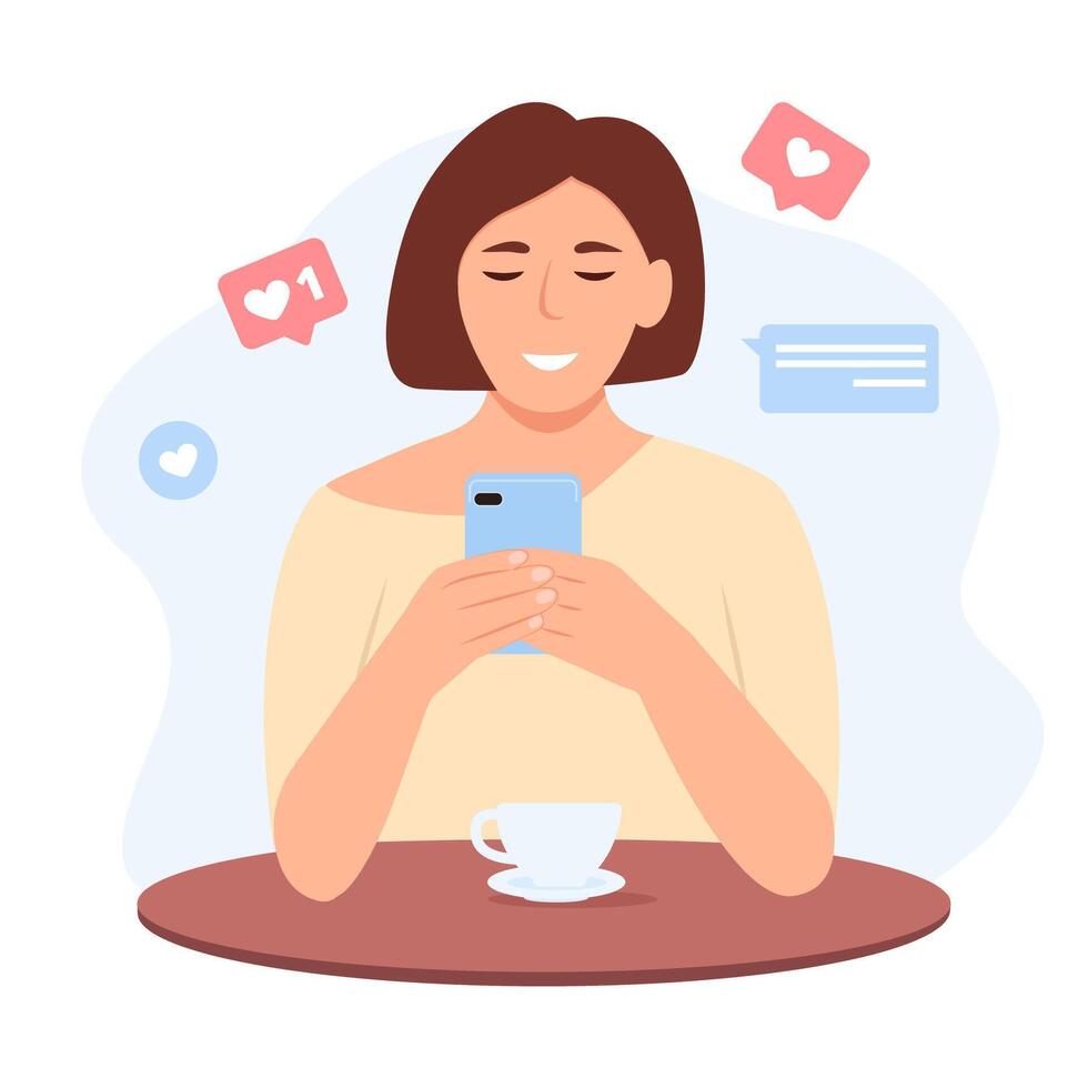 contento mujer sentado con teléfono inteligente y café chateando con amigos. gustos notificación iconos social medios de comunicación y márketing concepto. Internet comunicación. plano ilustración vector