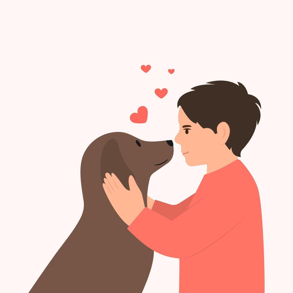 chico abrazando perro. contento niño con cachorro. amistad de chico y mascota. ilustración vector