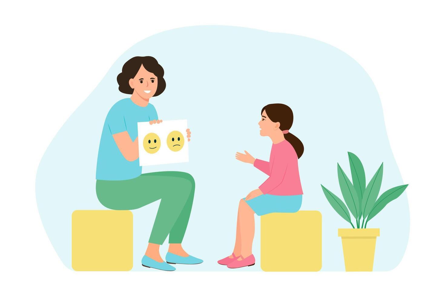 Child psychologist showing pictures to the boy. Family psychotherapy session for children with mental problems. flat cartoon illustration vector