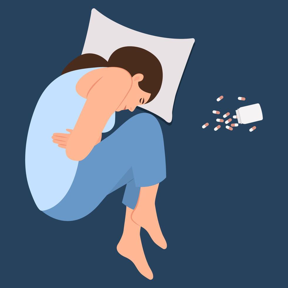 infeliz frustrado mujer acostado en cama con abrió botella de pastillas depresión, sobredosis, frustración, adiccion concepto. ilustración vector