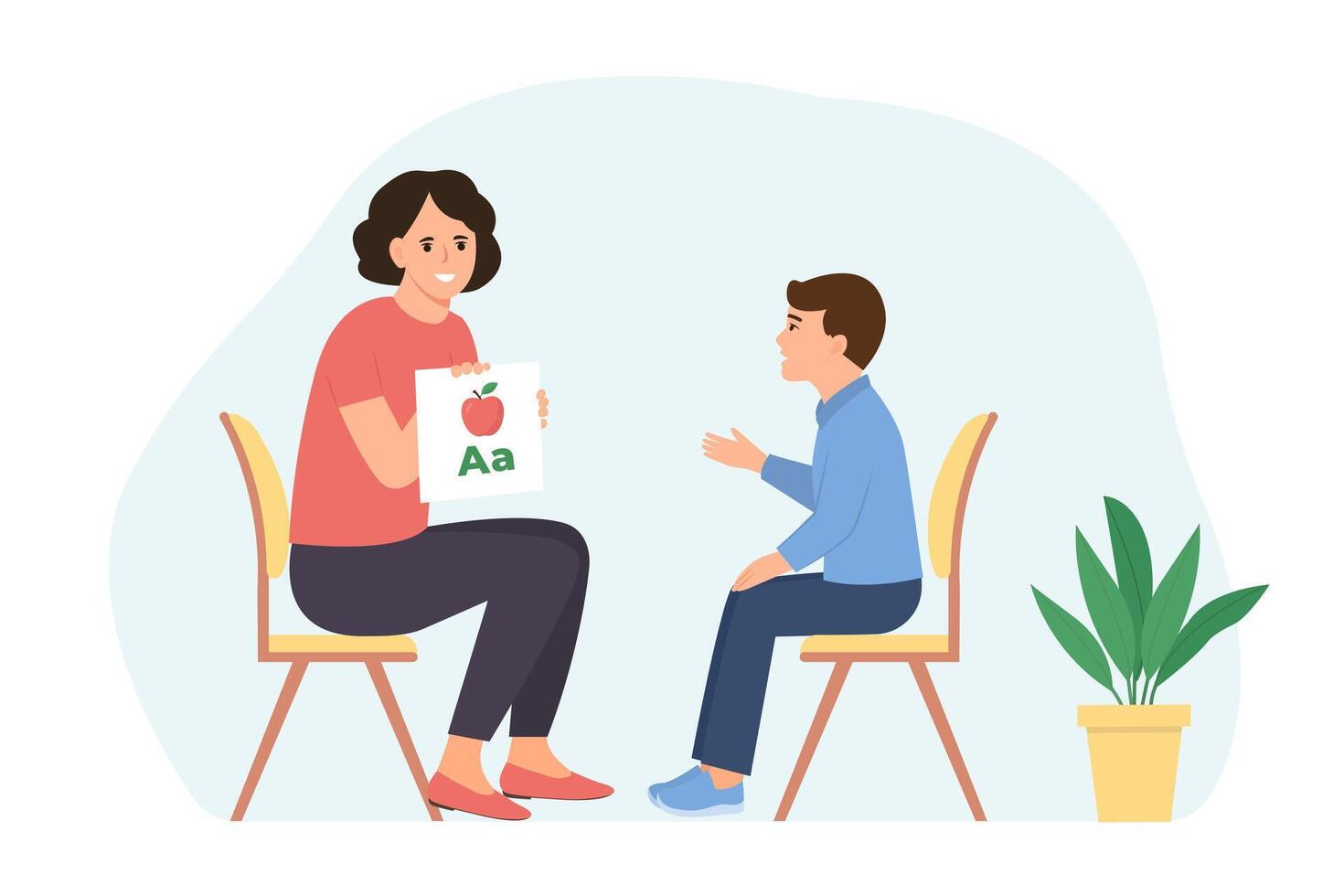 English teacher showing alphabet cards to the boy. Woman explaining rules of english language to child in accessible way.Studying foreign vocabulary and grammar. Flat illustration vector