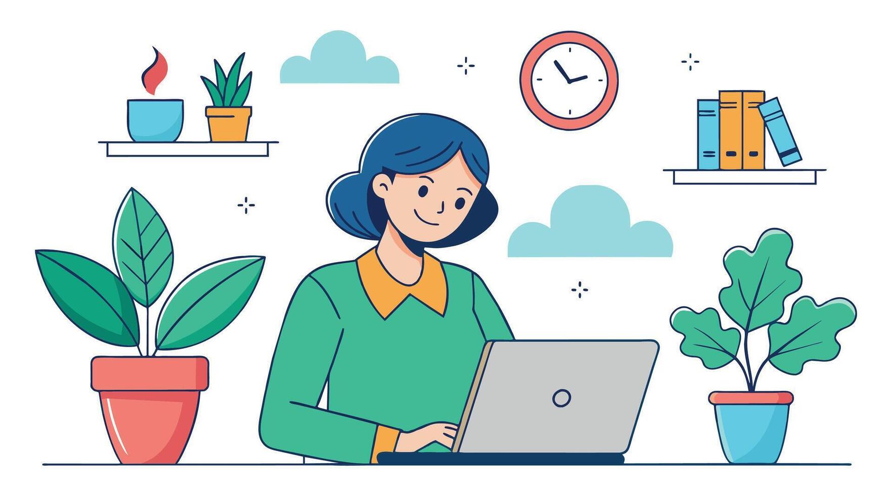woman working on laptop in office with plants and clock vector