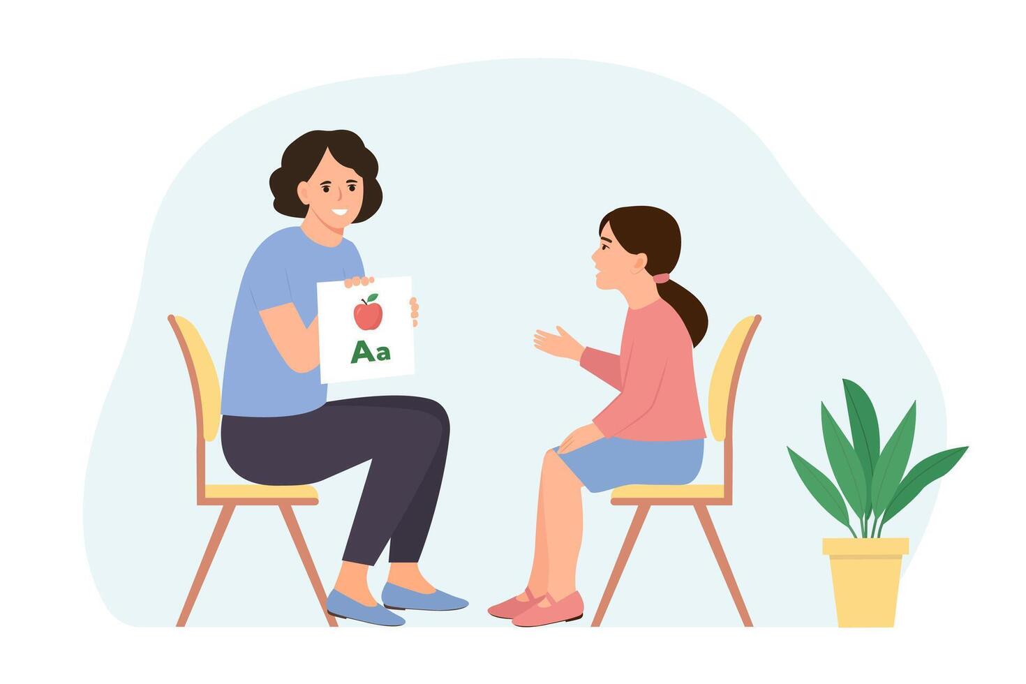 English teacher showing alphabet cards to the boy. Woman explaining rules of english language to child in accessible way.Studying foreign vocabulary and grammar. Flat illustration vector