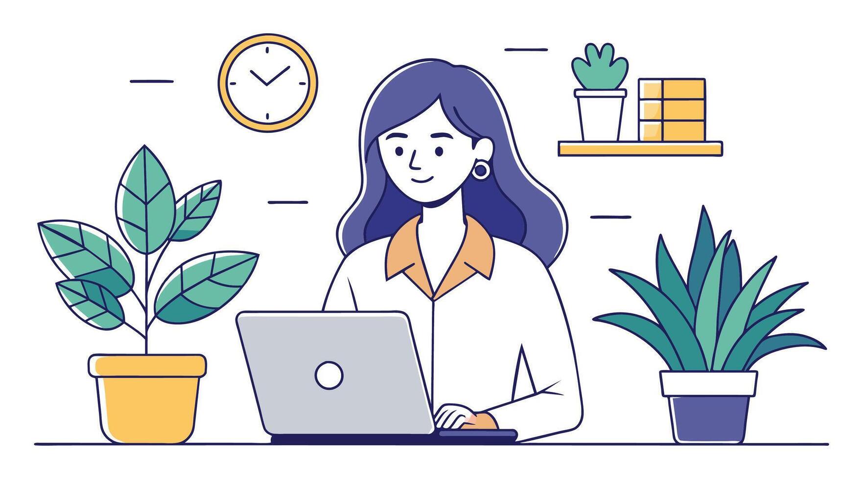woman working on laptop in office with plants and clock vector