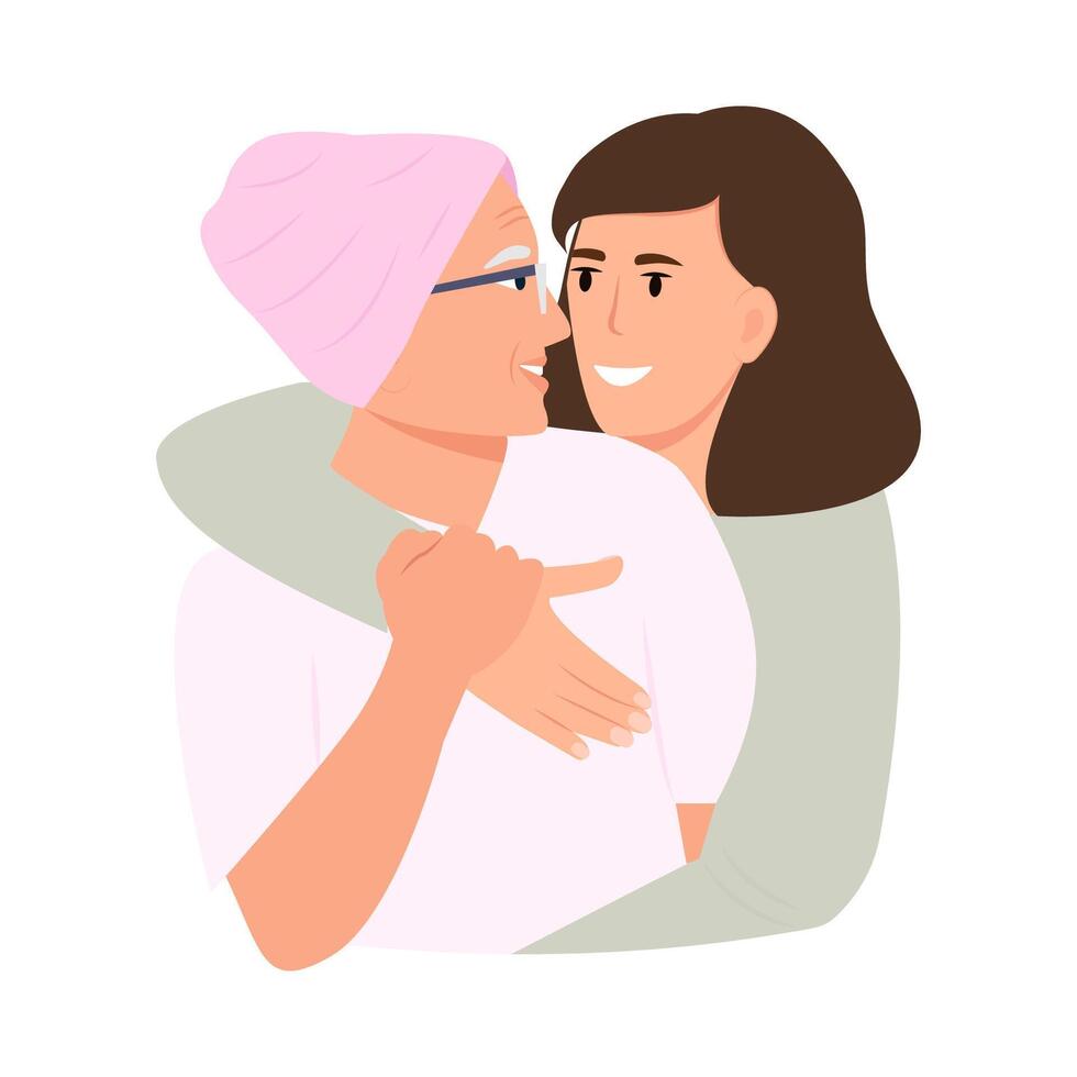 el mujer abraza el enfermo antiguo madre. pecho cáncer conciencia mes concepto de apoyo y solidaridad con mujer luchando oncológico enfermedad. ilustración vector