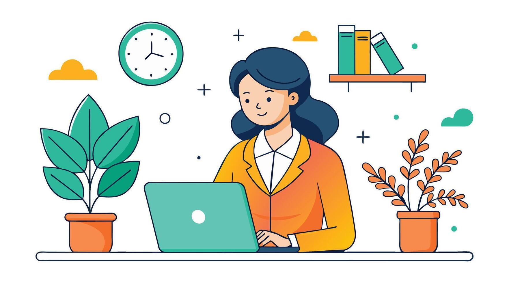 woman working on laptop in office with plants and clock vector