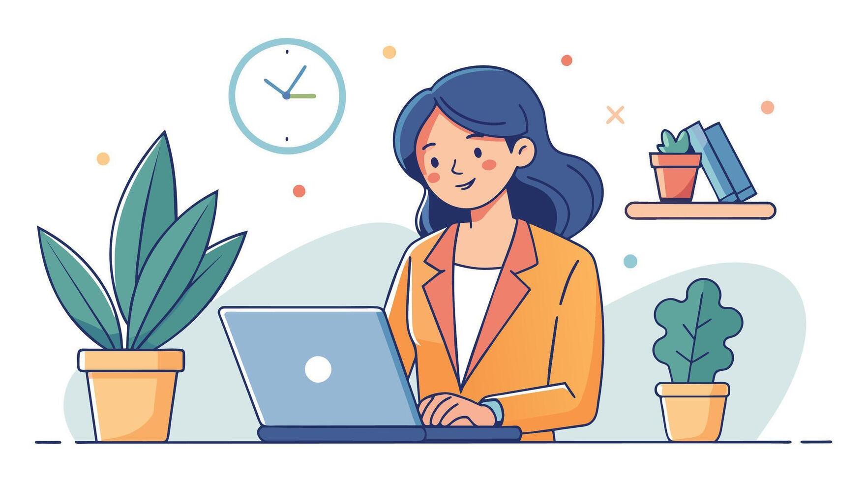 woman working on laptop in office with plants and clock vector