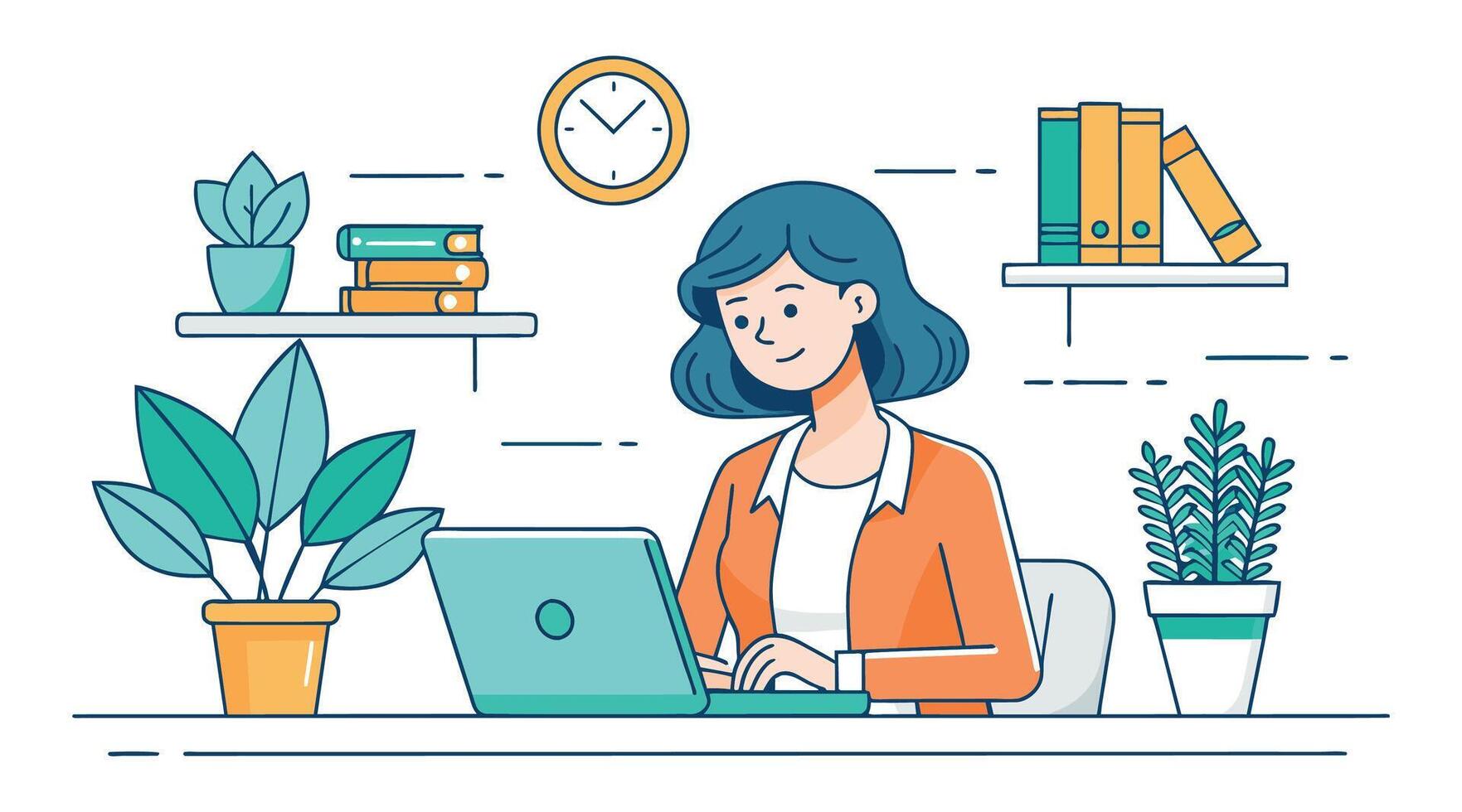 woman working on laptop in office with plants and clock vector