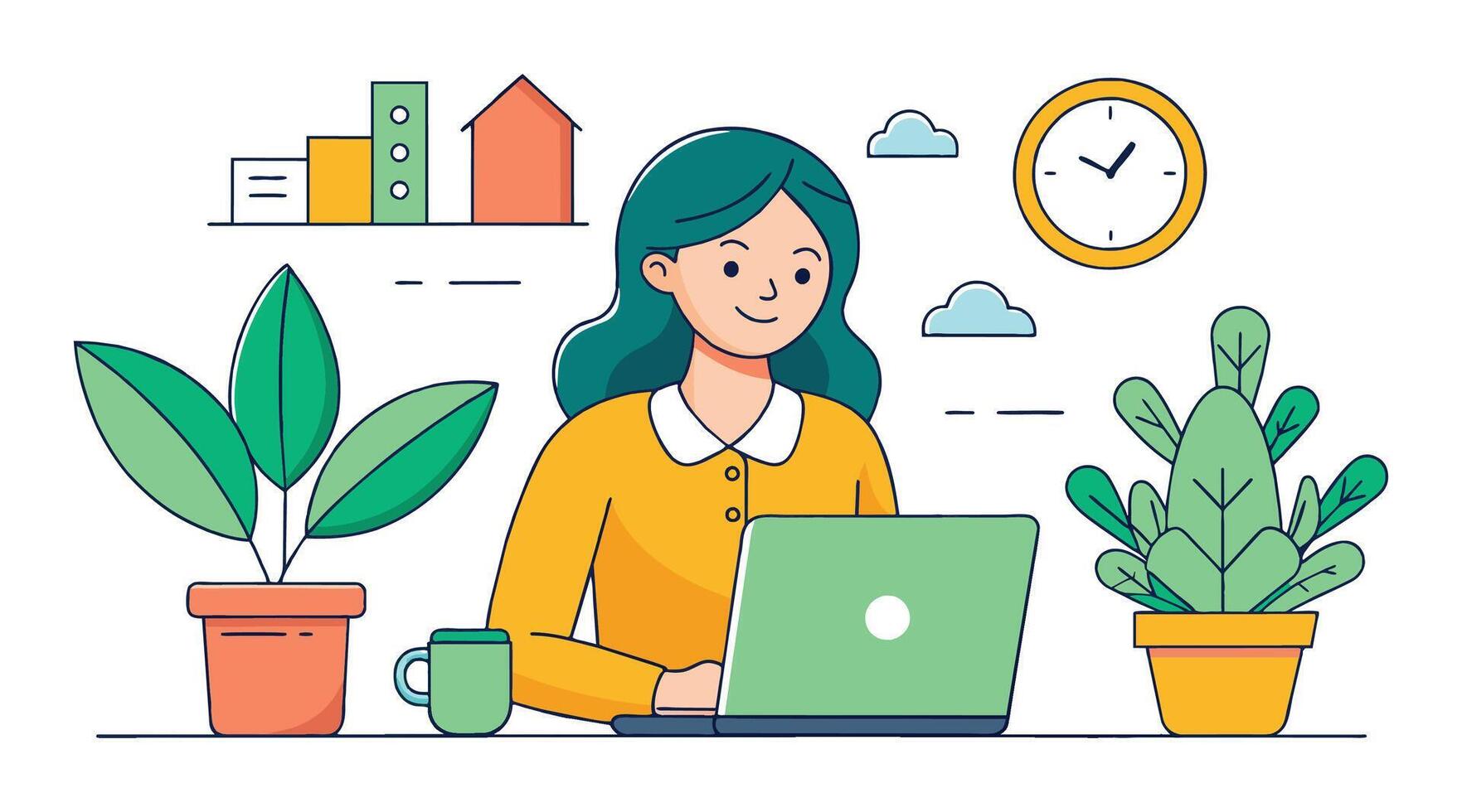 woman working on laptop in office with plants and clock vector