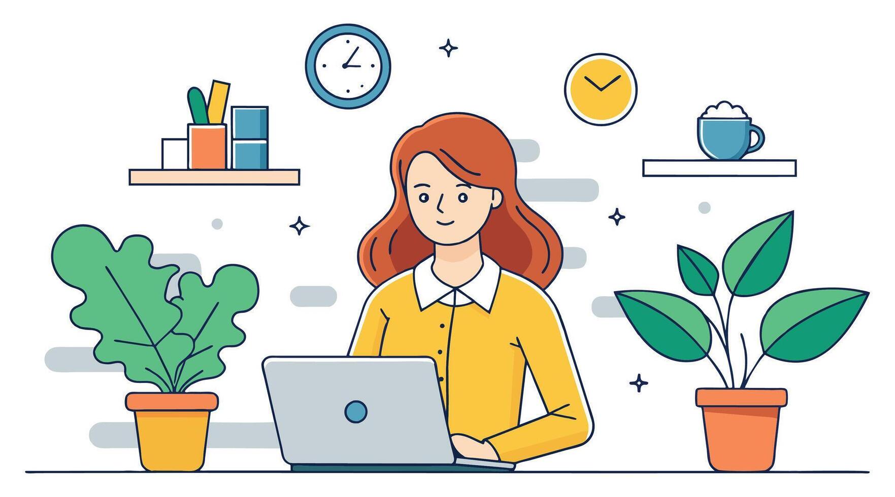 woman working on laptop in office with plants and clock vector