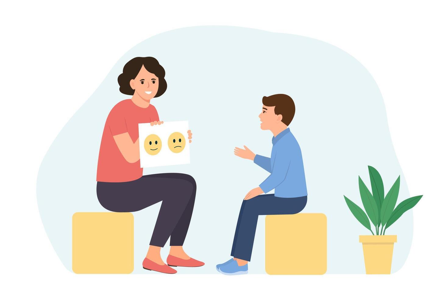 Child psychologist showing pictures to the boy. Family psychotherapy session for children with mental problems. flat cartoon illustration vector