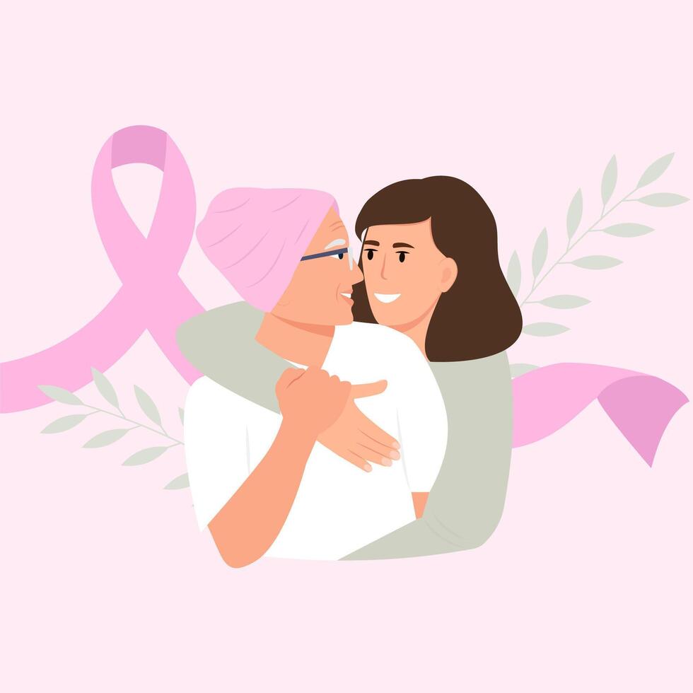 mundo cáncer día feliz mujer abrazando antiguo madre.pecho cáncer conciencia mes concepto de apoyo y solidaridad con mujer luchando oncológico enfermedad. ilustración vector