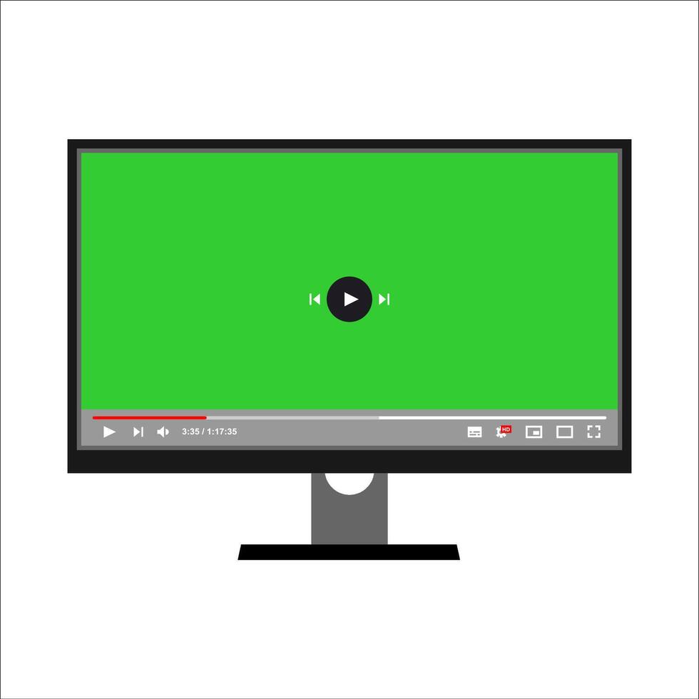 Computer desktop player monitor screen mockup. PC social media interface. Playing mock s online. Subscribe button. Monitor screen mockup illustration with player interface. vector