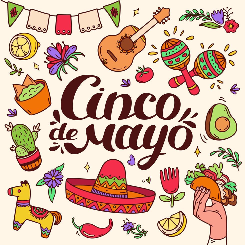 Cinco de Mayo celebration in Mexico icons set. Square color background. Banner and social media post for Mexican federal holiday Cinco de Mayo. Mexican heritage and culture. Doodle illustration vector