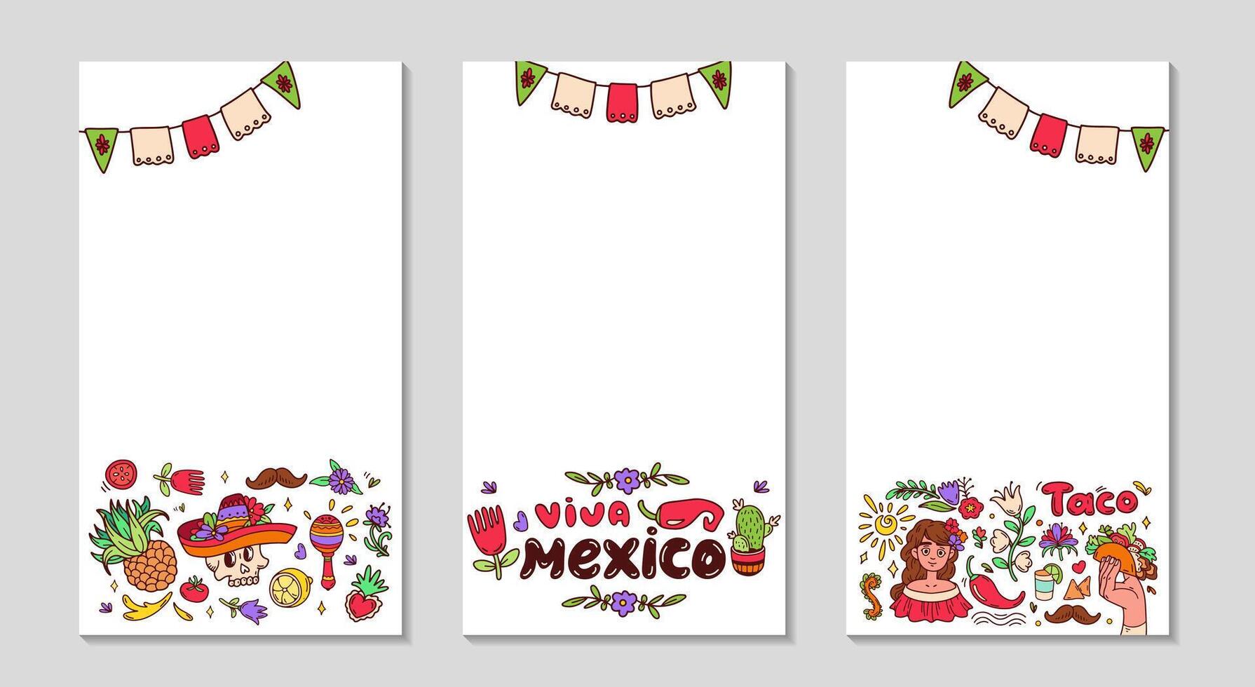 Mexican festive frame for Social media. long greeting stories post set. Background for sale, promotions, visual design. Celebration vertical text templates for photos and s. illustration. vector