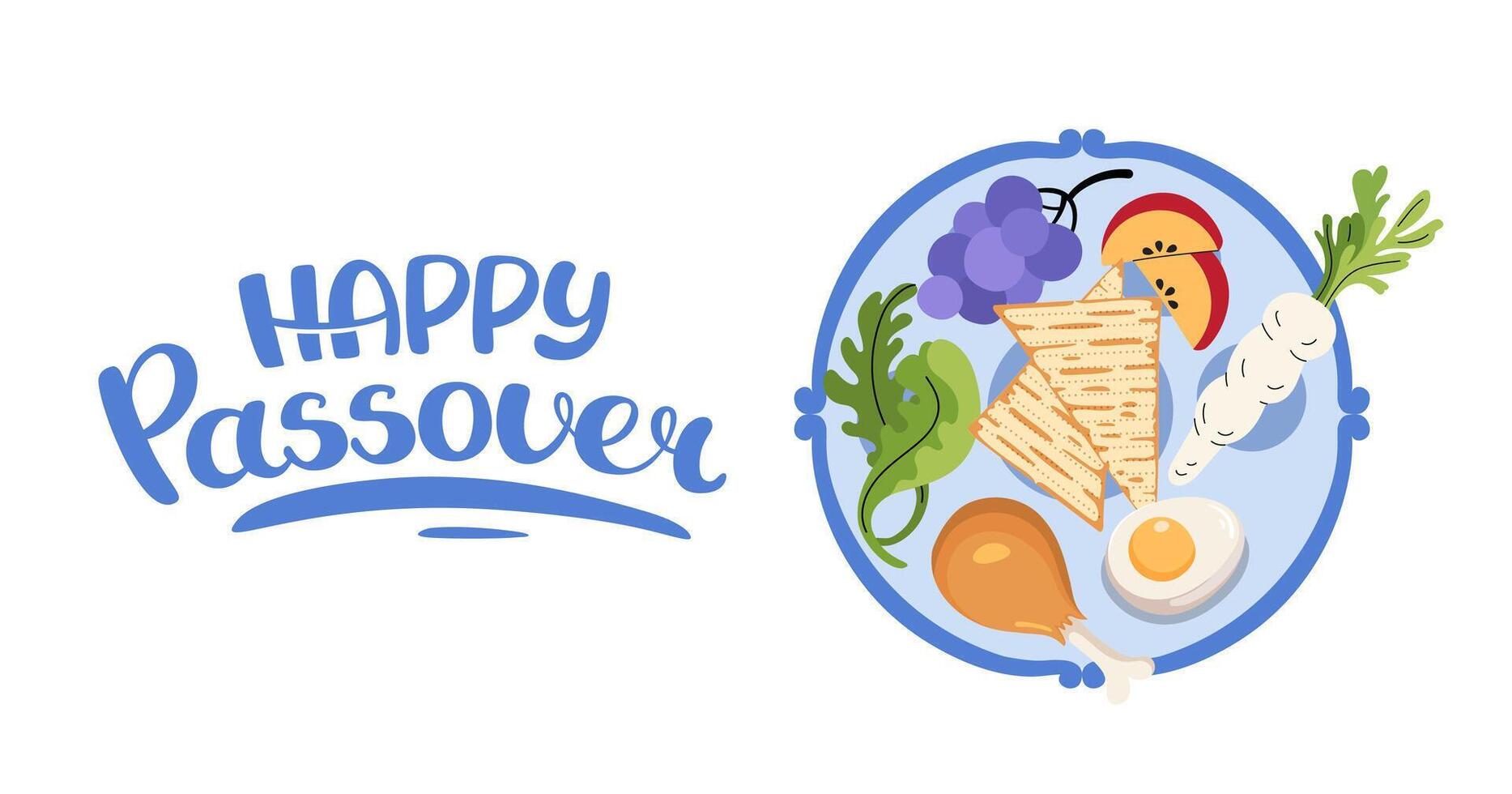 Happy Passover greeting web banner. Jewish celebration background. Seder plate, matzah, egg, salad. Hand drawn lettering. Horizontal Backdrop postcard, poster. flat illustration. vector